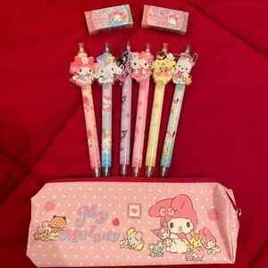 Sanrio pencil case 6 pens and 2 erasers bundle set 💕